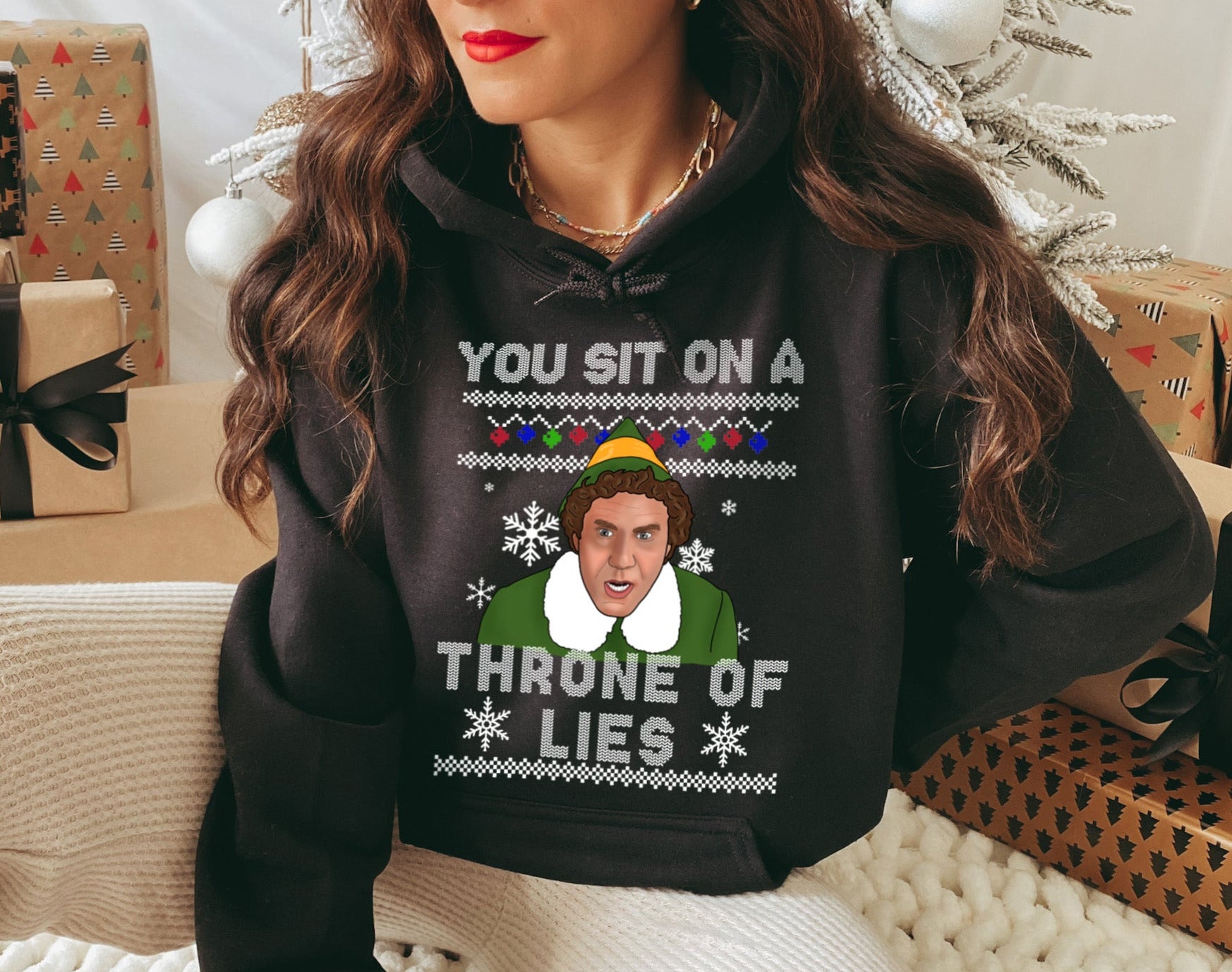 You Sit On A Throne Of Lies Buddy The Elf Funny Ugly Christmas Sweater