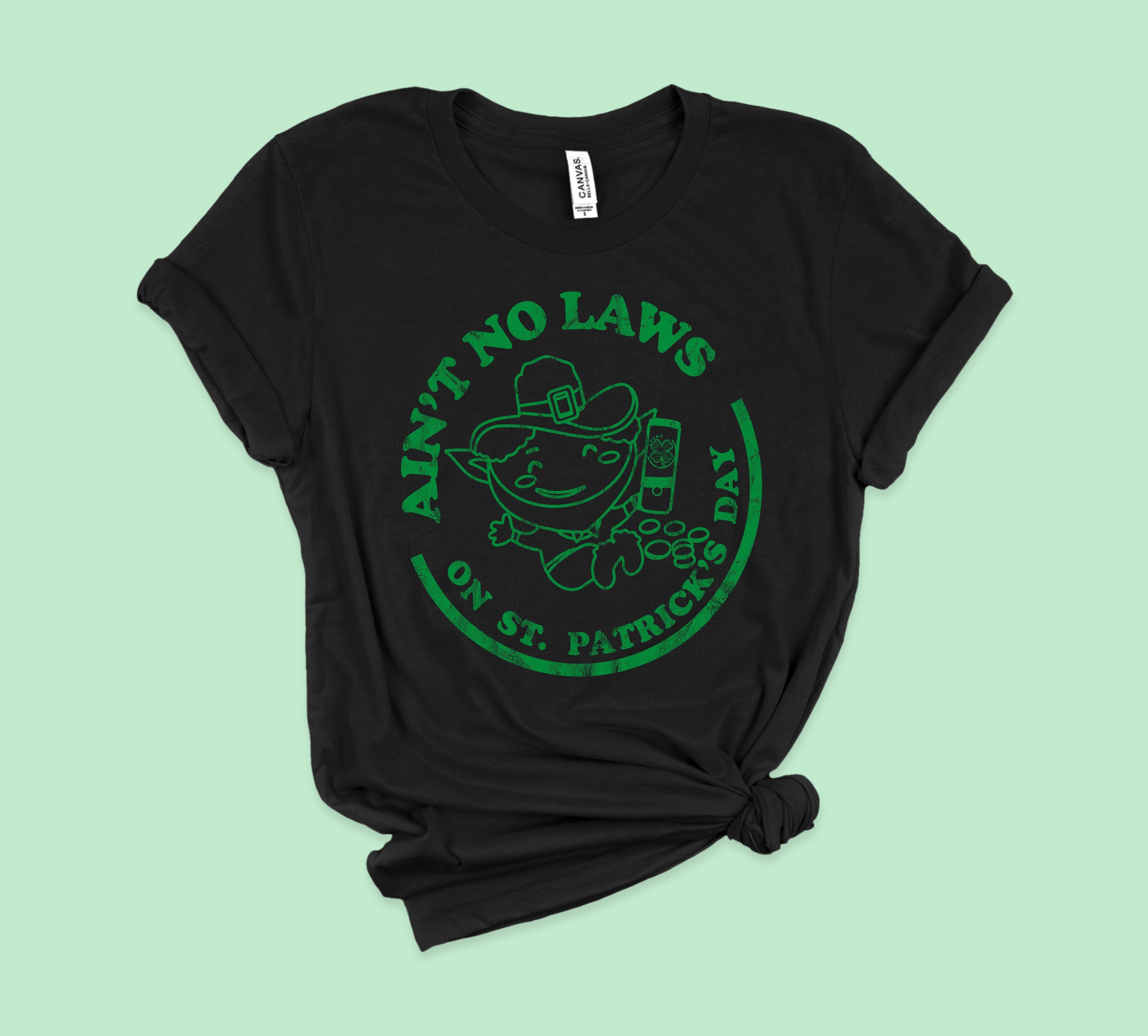 Black shirt with a leprechaun drinking that says ain't no laws on st patrick's day - HighCiti