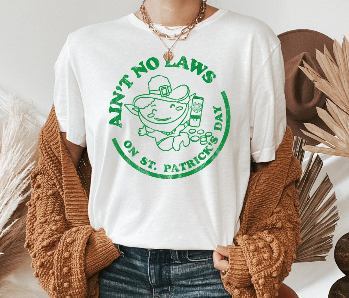 White shirt with a leprechaun drinking that says ain't no laws on st patrick's day - HighCiti