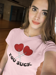 Pink shirt with two suckers that says you suck - HighCiti
