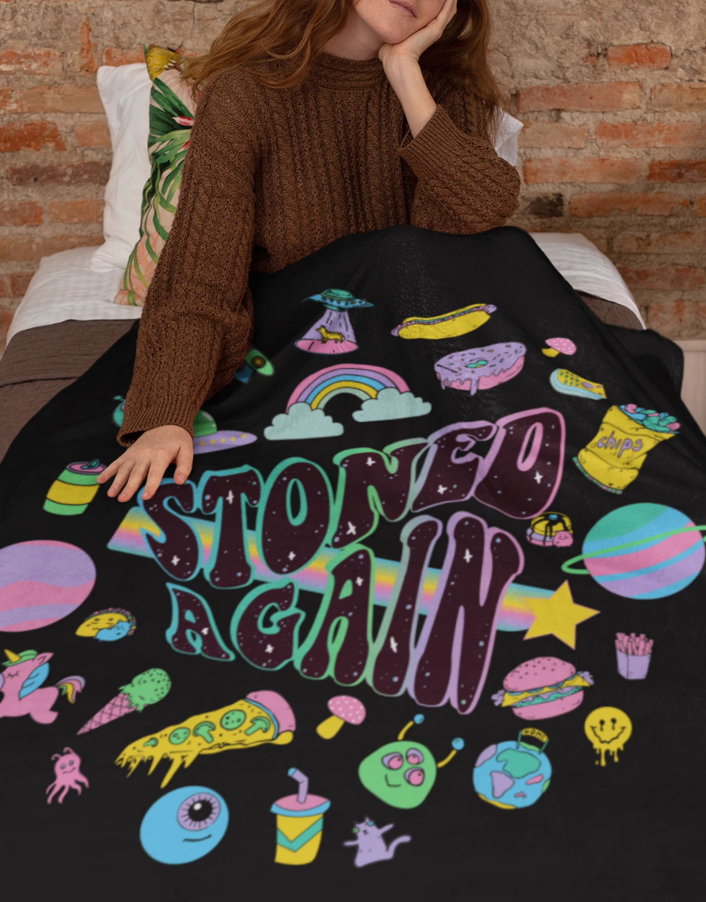 Black blanket with stoner weed art work saying stoned again - HighCiti