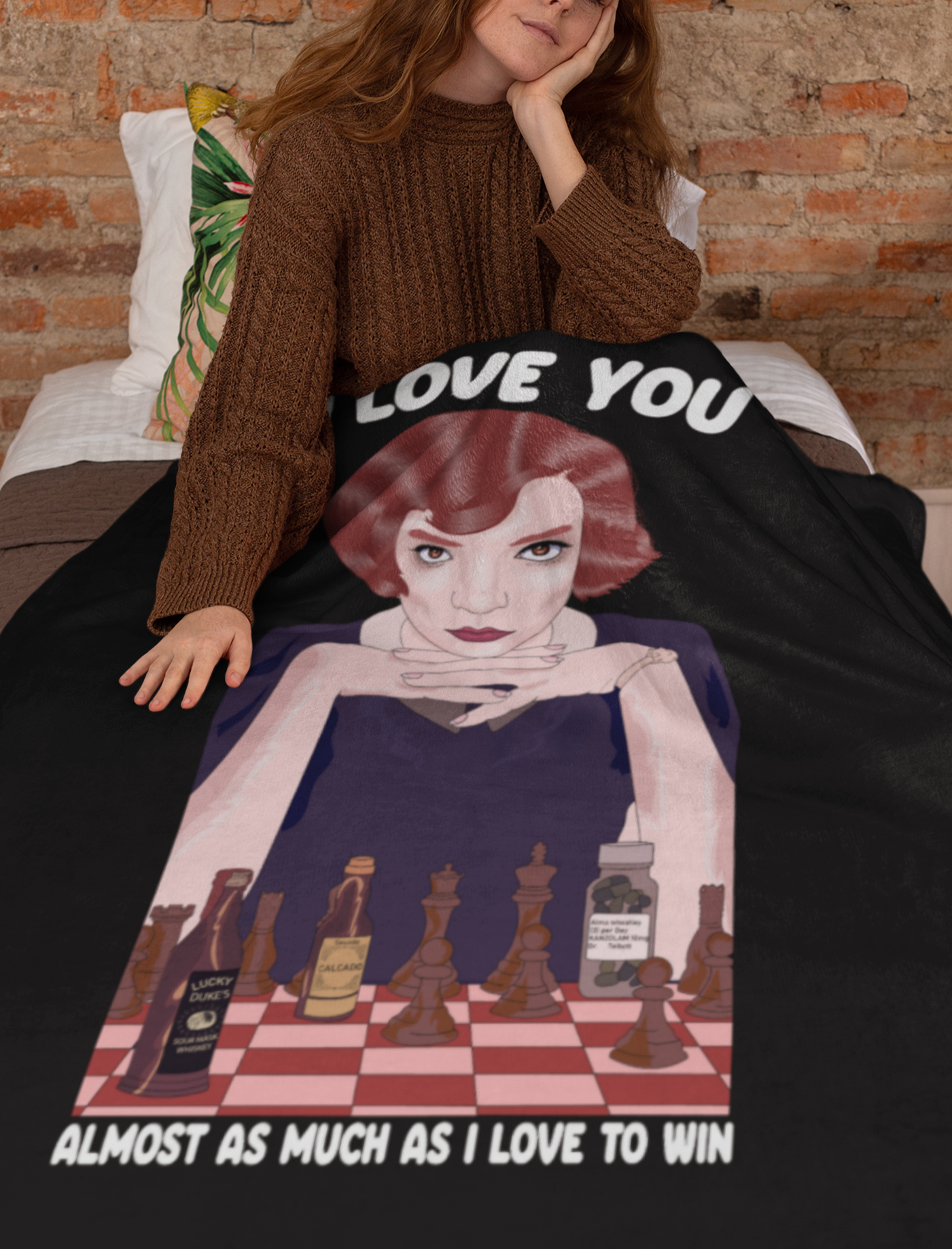 Black blanket with Elizabeth harmon from queen's gambit saying I love you almost as much as I love to win - HighCiti
