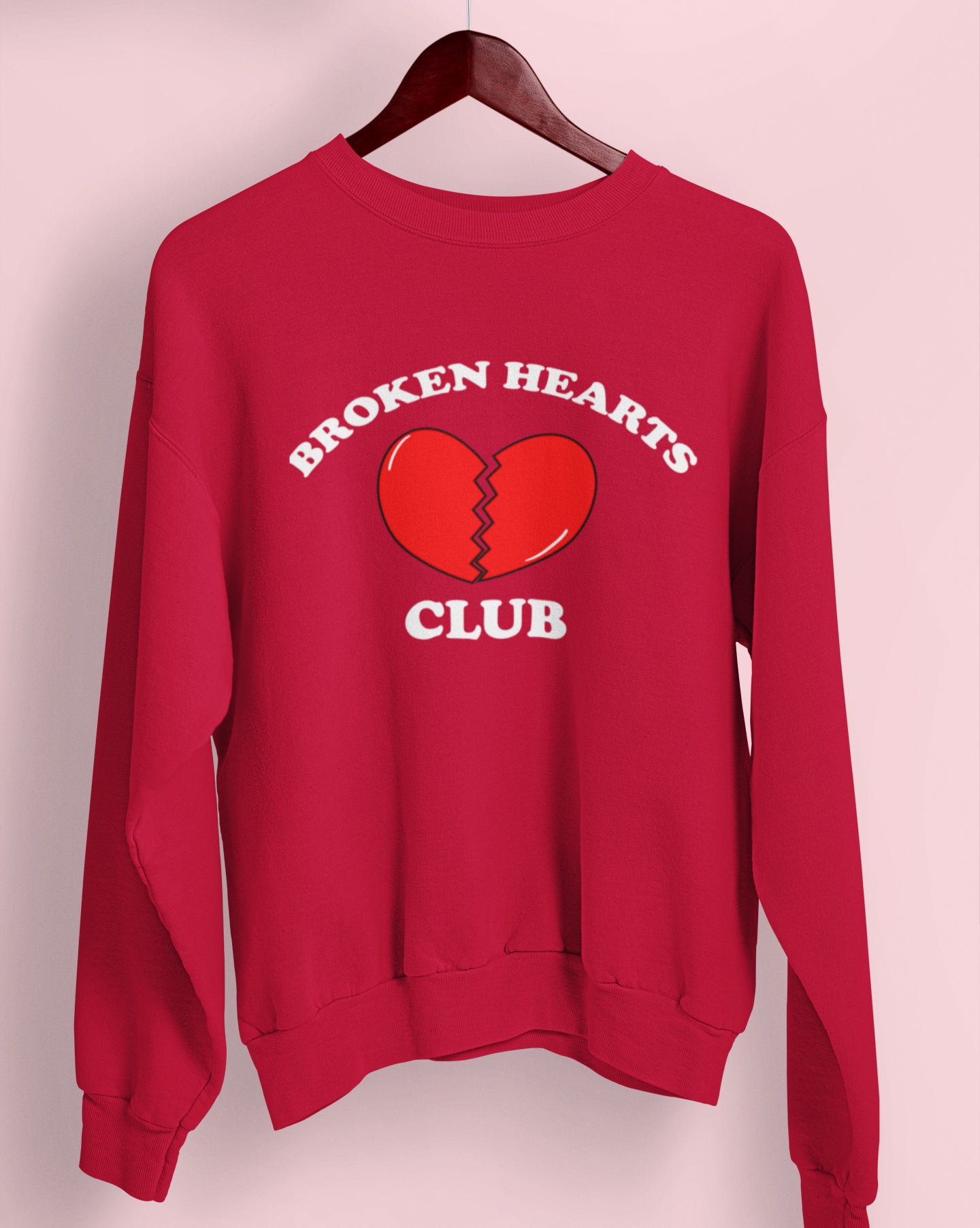 Red sweatshirt with a broken heart that says broken hearts club - HighCiti