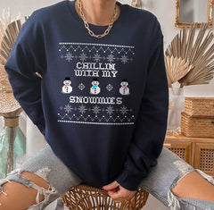 navy sweatshirt with a snowman that says chillin with my snowmies - HighCiti