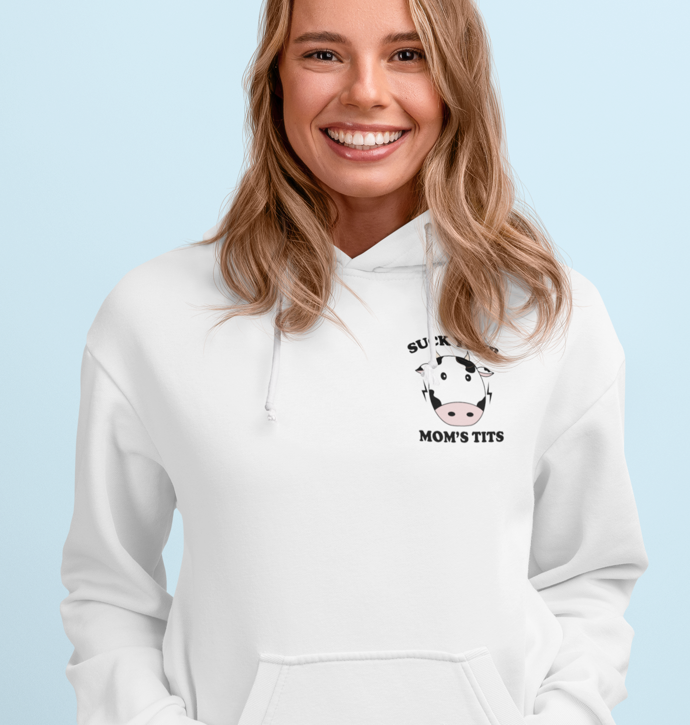White hoodie with a cow saying suck your mom's tits - HighCiti