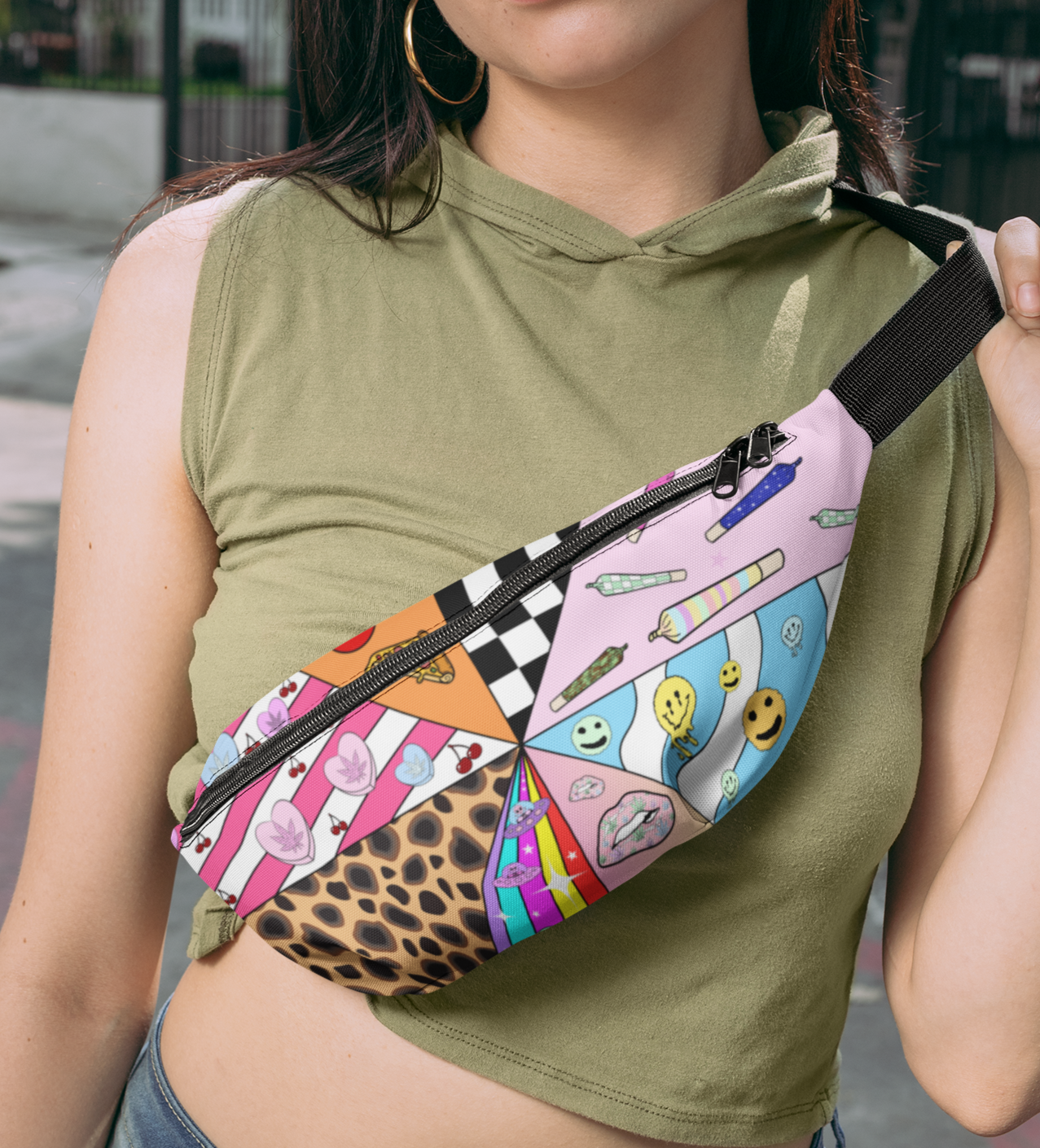 Fanny pack with stoner alien smoking joints and eating pizza - HighCiti
