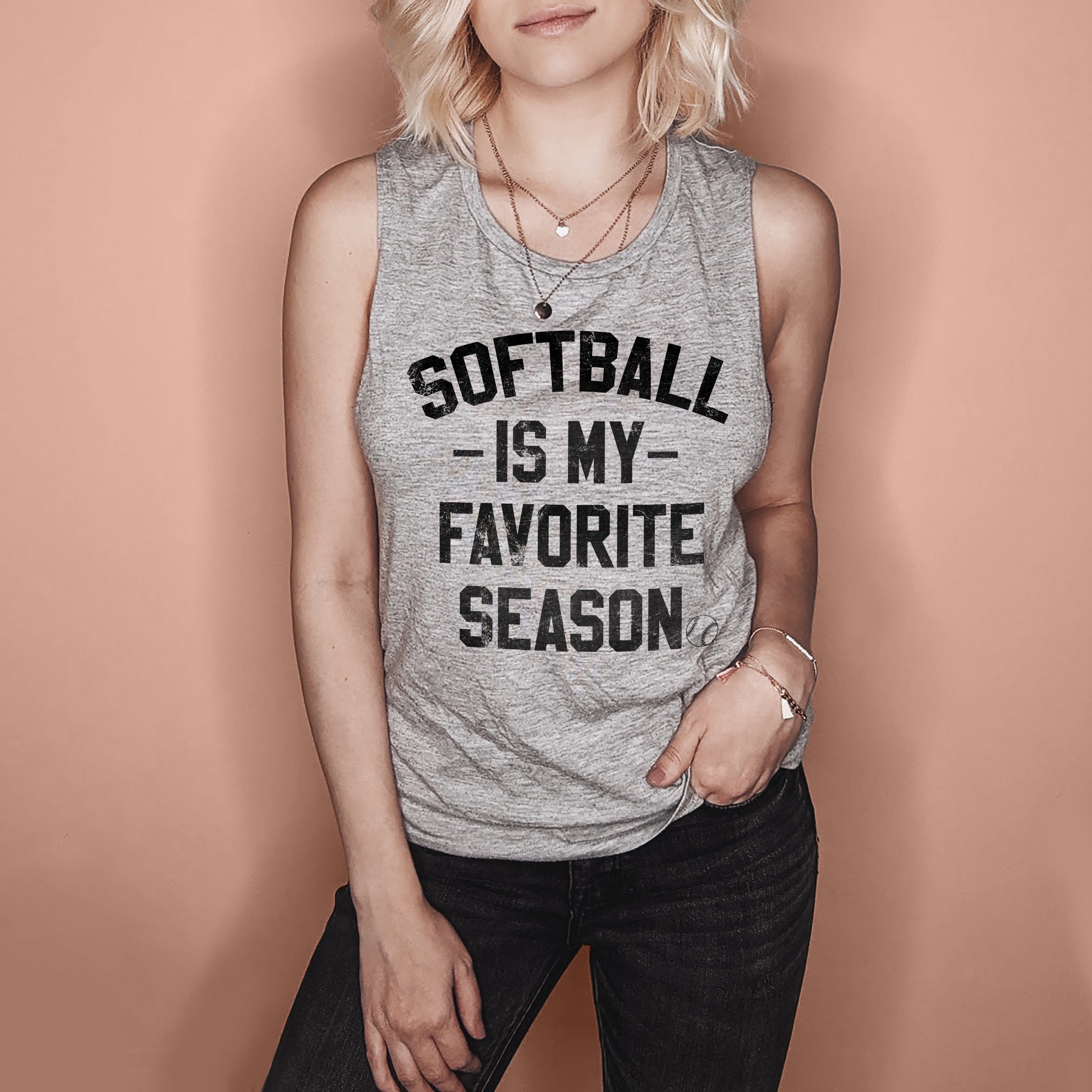 Grey muscle tank saying softball is my favorite season - HighCiti