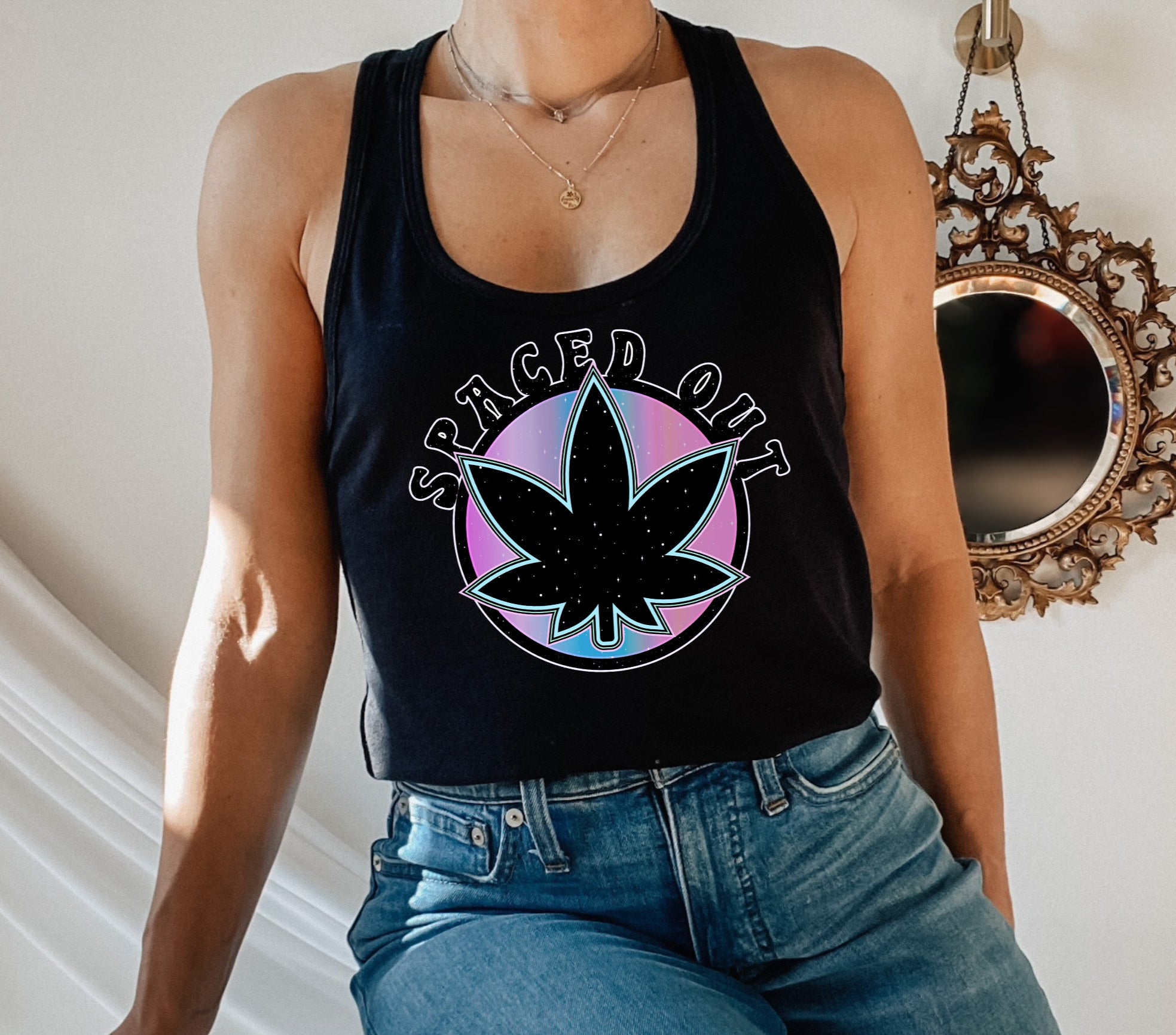 Black tank top with a weed leaf that says spaced out - HighCiti