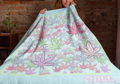Light blue throw blanket with weed leaves all over it - HighCiti