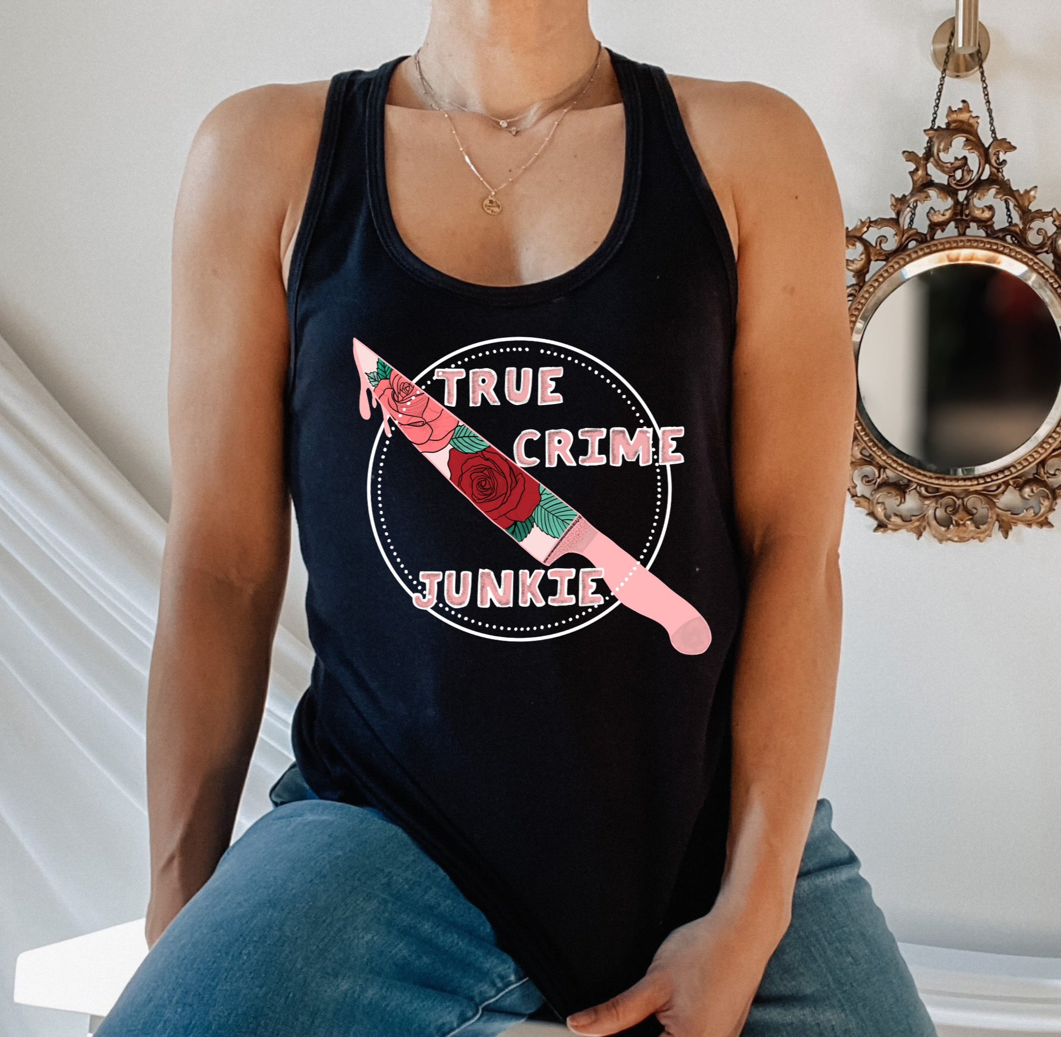 black tank top with a knife that says true crime junkie - HighCiti
