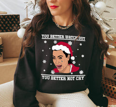 black sweatshirt with kim kardashian that says you better watch out you better not cry - HighCiti