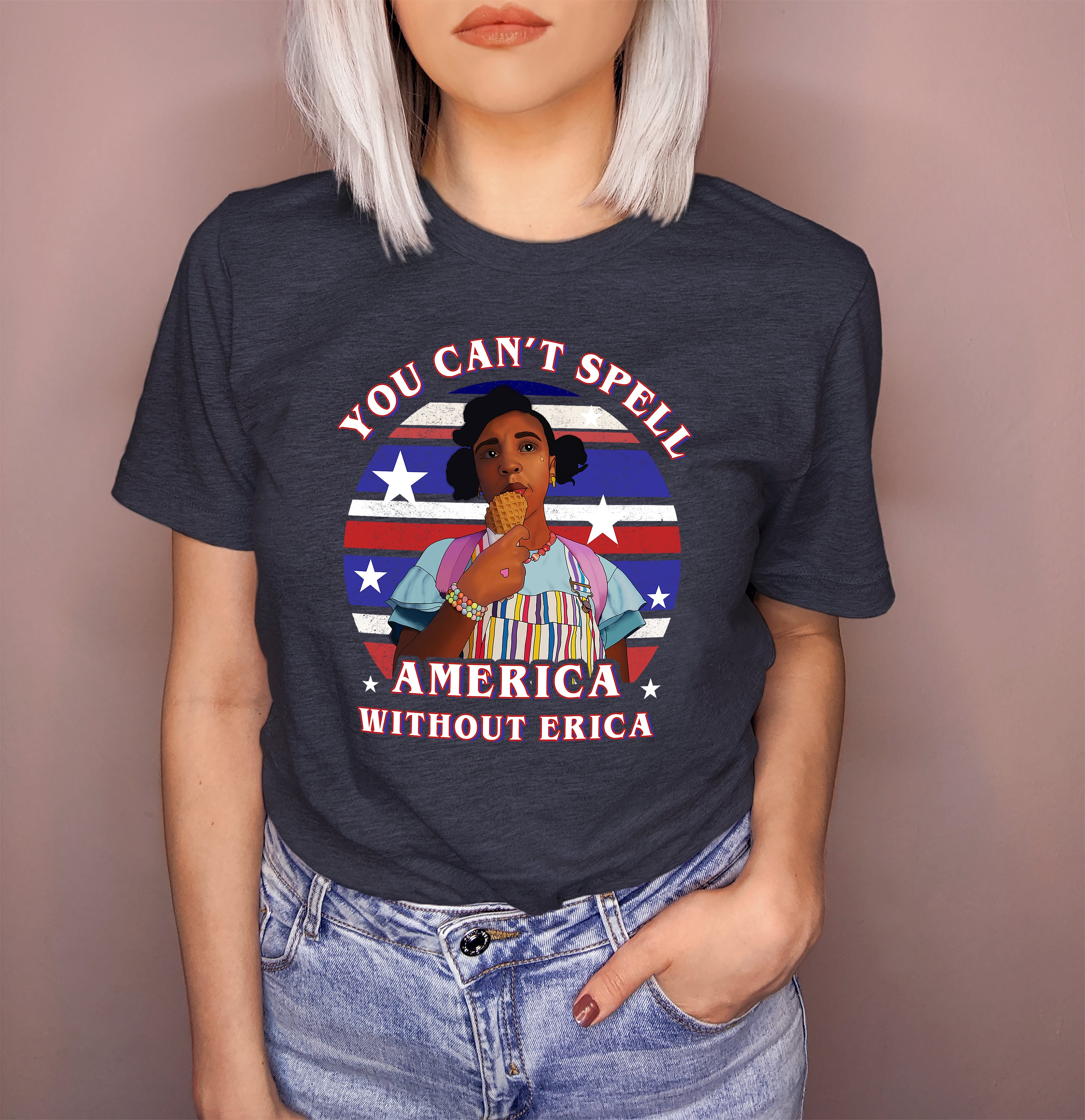 Heather navy shirt with erica sinclair from stranger things that says you can't spell america without erica - HighCiti
