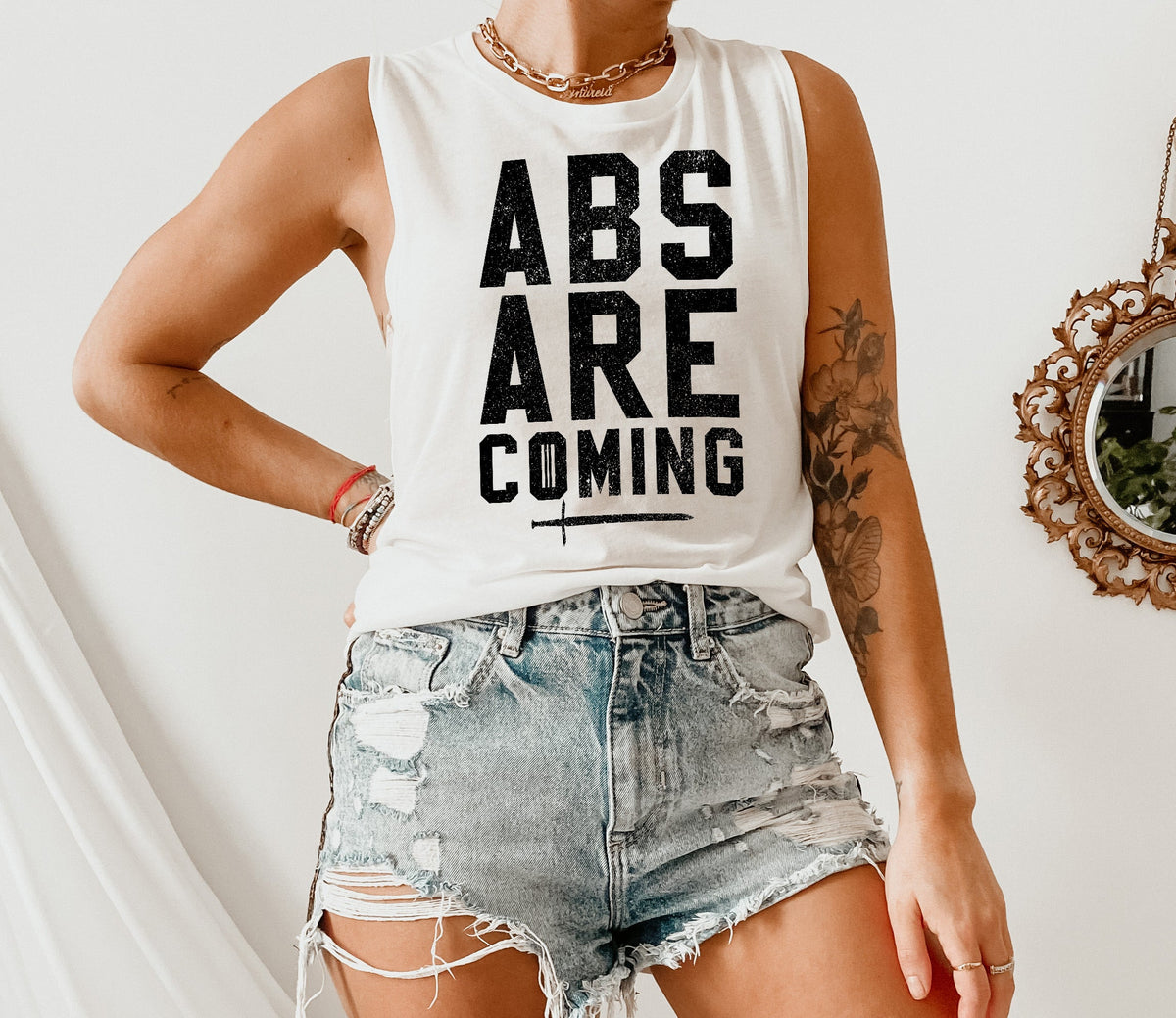 white muscle tank saying abs are coming - HighCiti