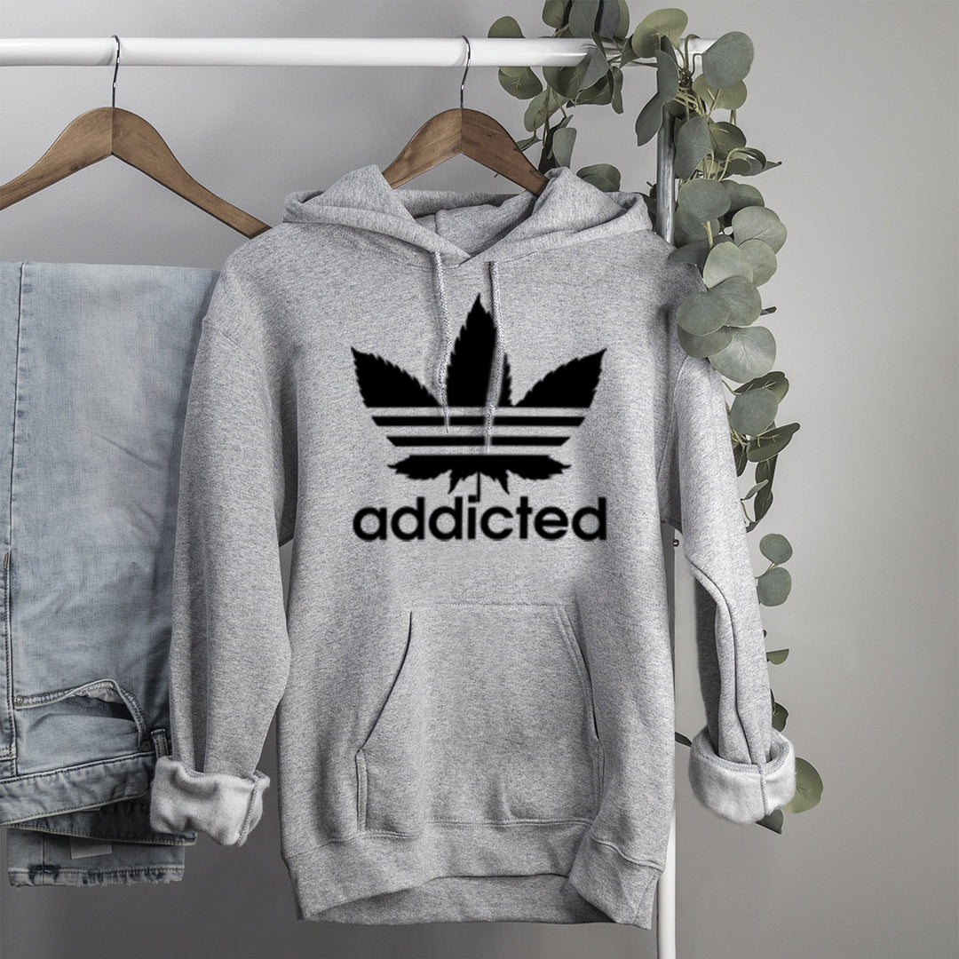 Grey hoodie with a weed leaf saying addicted - HighCiti