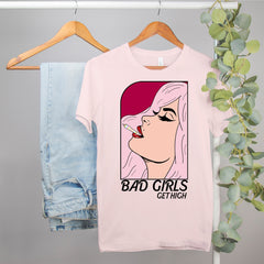 pink shirt with a women smoking a joint saying bad girls get high - HighCiti