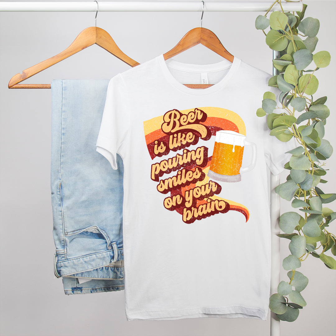 white shirt that says beer is like pouring smiles on your brain - HighCiti
