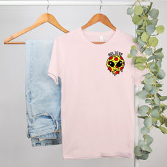pink shirt with an alien that look like pizza - HighCiti