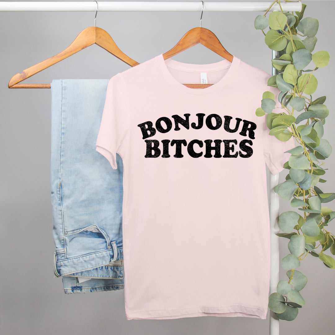 bachelorette party shirt that says bonjour bitches - HighCiti