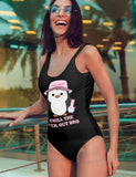 black swimsuit with a penguin that says chill the fuck out bro - HighCiti