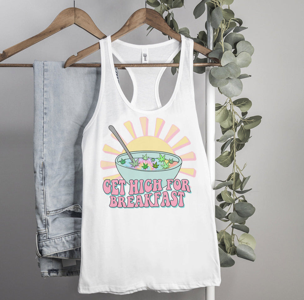 white tank top with a breakfast bowl of weed that says get high for breakfast - HighCiti