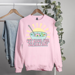 pink sweatshirt with a breakfast bowl of weed that says get high for breakfast - HighCiti