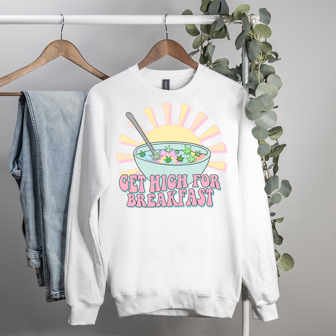 white sweatshirt with a breakfast bowl of weed that says get high for breakfast - HighCiti