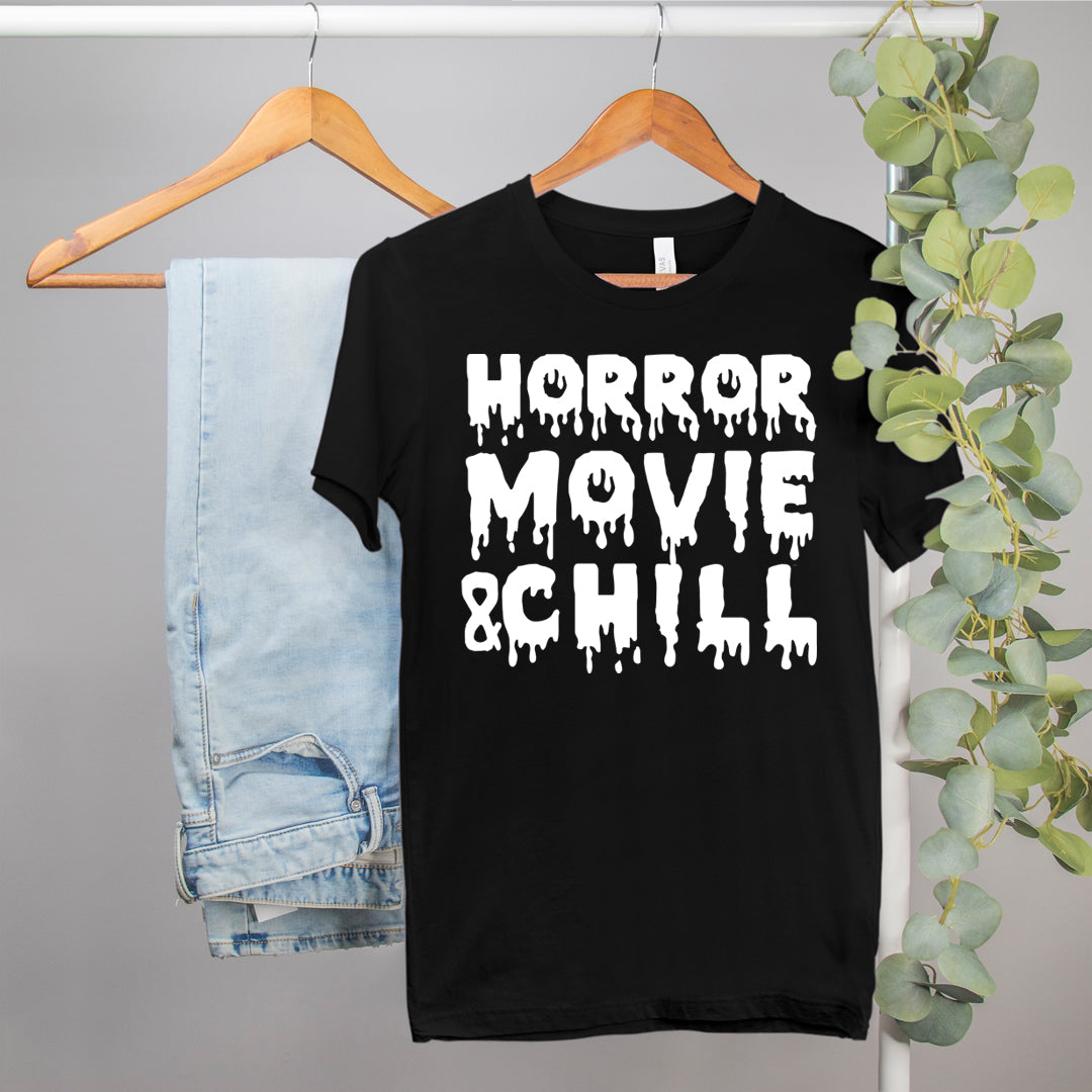 scary halloween movie shirt that says horror movie and chill - HighCiti