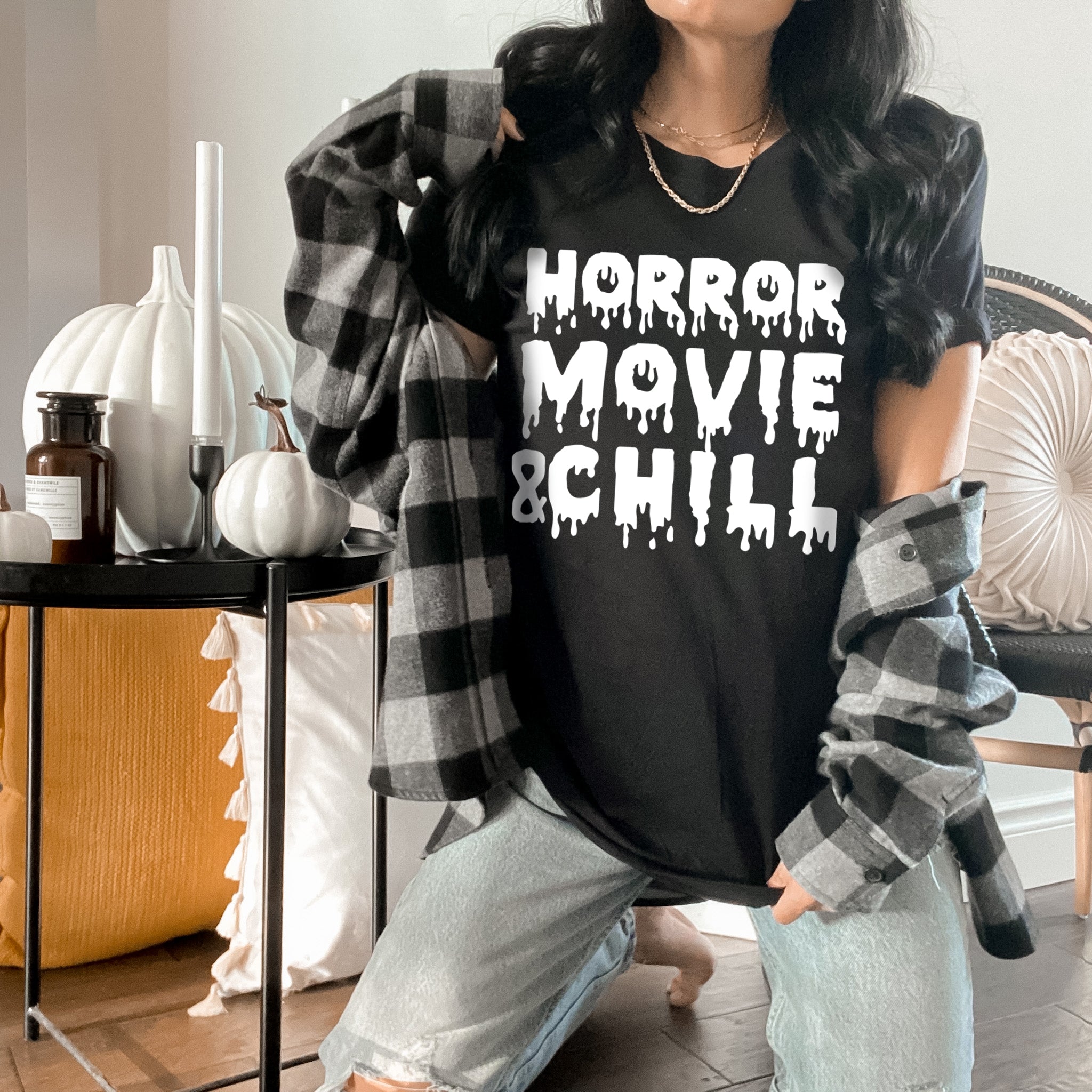 scary halloween movie shirt that says horror movie and chill - HighCiti