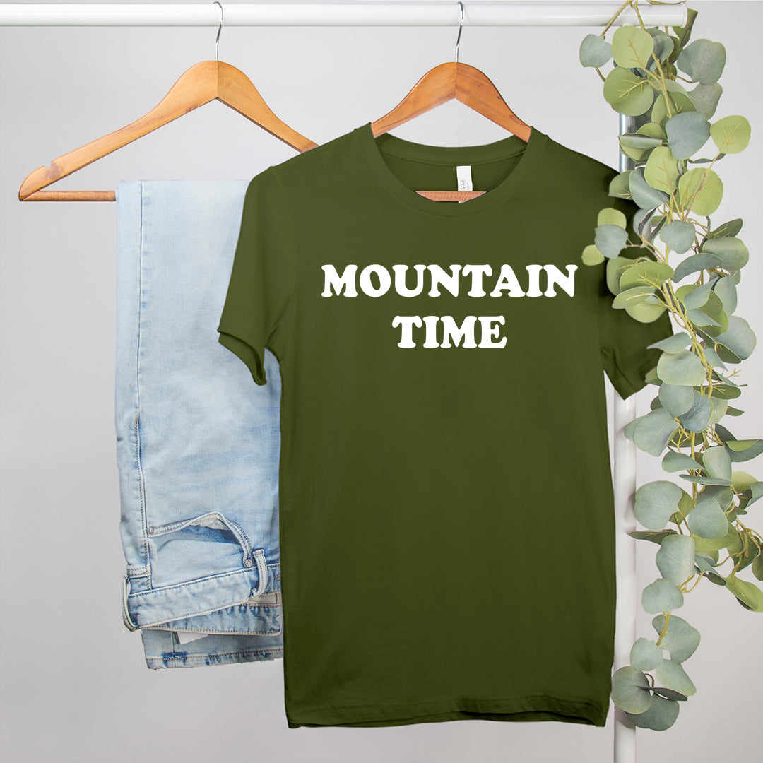 olive shirt that says mountain time - HighCiti