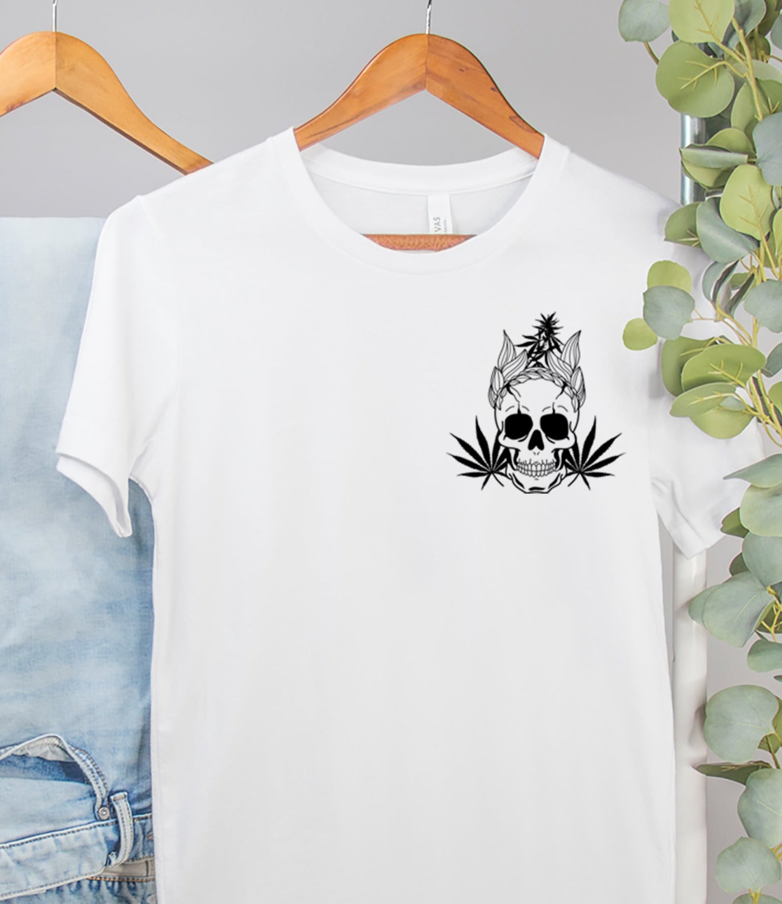 white shirt with a weed plant and a skull - HighCiti