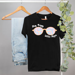 Black shirt with tie-dye glasses that says stay trippie little hippie - HighCiti