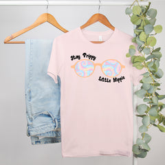 pink shirt with tie-dye glasses that says stay trippie little hippie - HighCiti