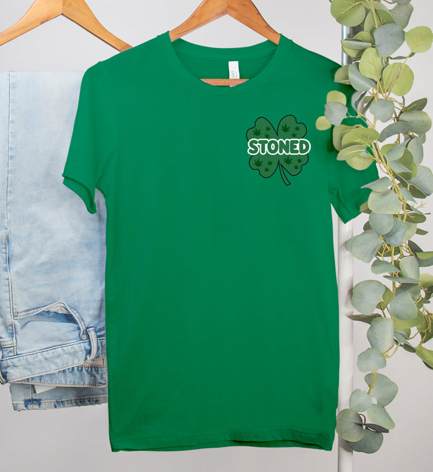 green shirt with a four leaf clover saying stoned - HighCiti