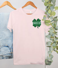 pink shirt with a four leaf clover saying stoned - HighCiti