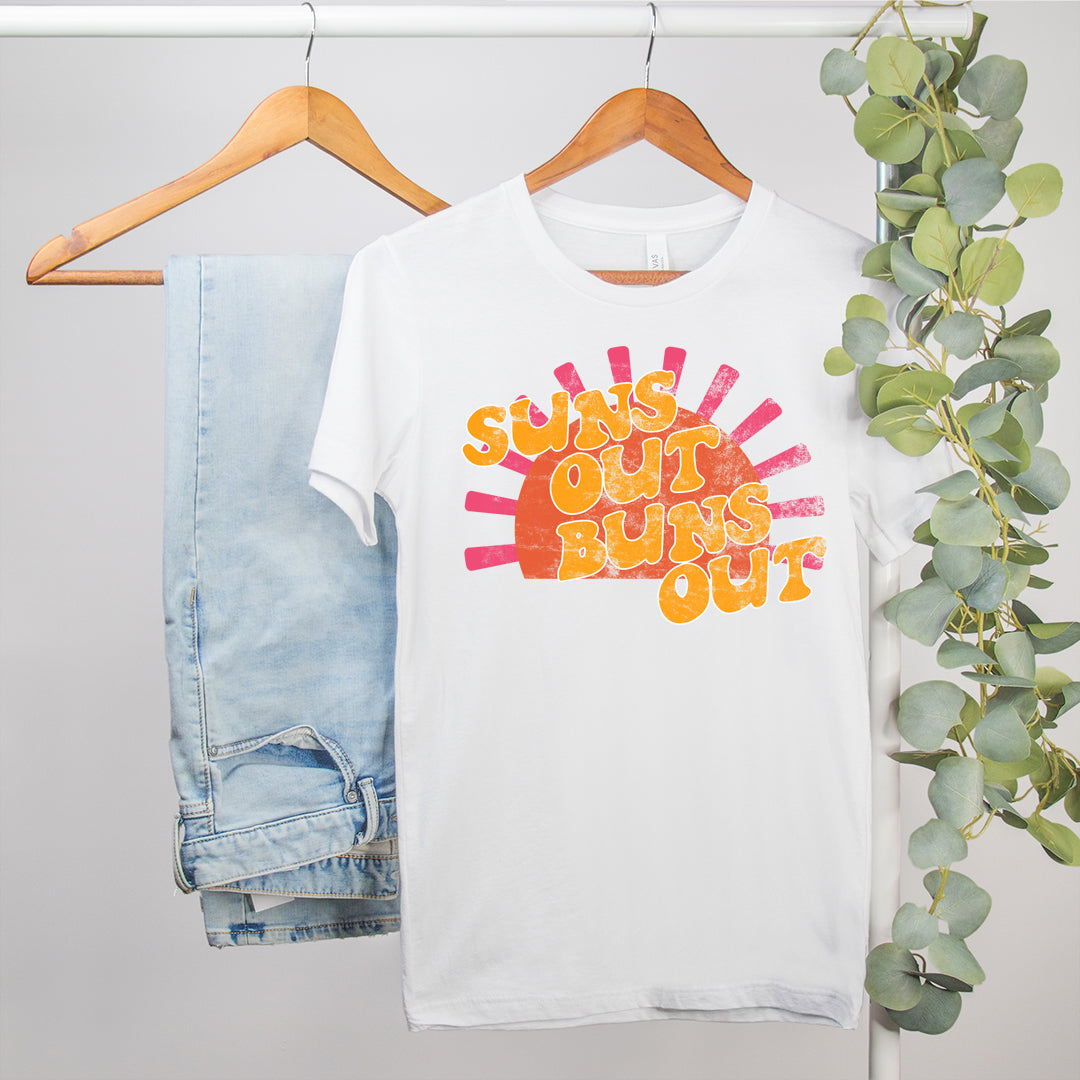 wite shirt with a sunshine that says suns out buns out - HighCiti