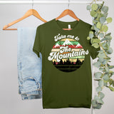 olive shirt with retro graphic saying take me to the mountains - HighCiti