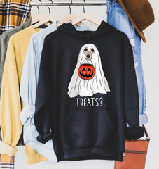 black hoodie with a dog as a ghost holding a pumpkin jar that says treats? - HighCiti