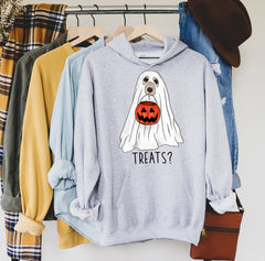 black hoodie with a dog as a ghost holding a pumpkin jar that says treats? - HighCiti