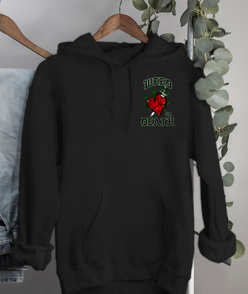 black hoodie with a weed leaf that says weed or death - HighCiti