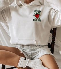 white hoodie with a weed leaf that says weed or death - HighCiti