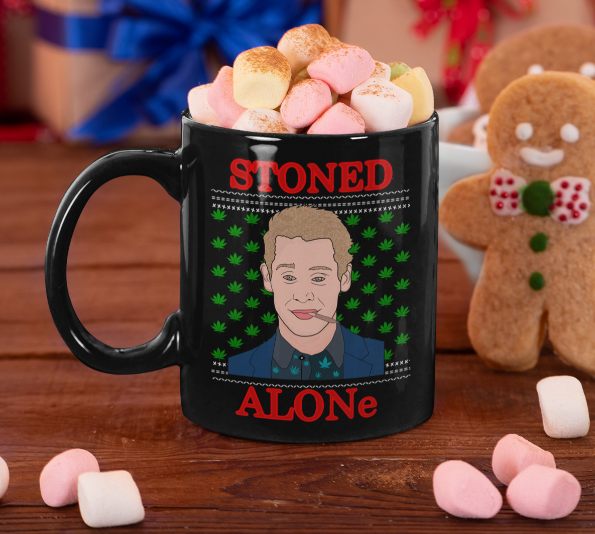Black mug with kevin from home alone smoking a joint saying stoned alone - HighCiti