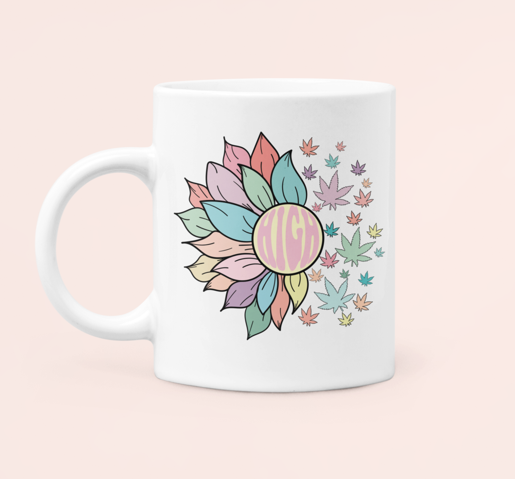 White mug with a sunflower and weed shirt with a sunflower and weed leaf saying high - HighCiti
