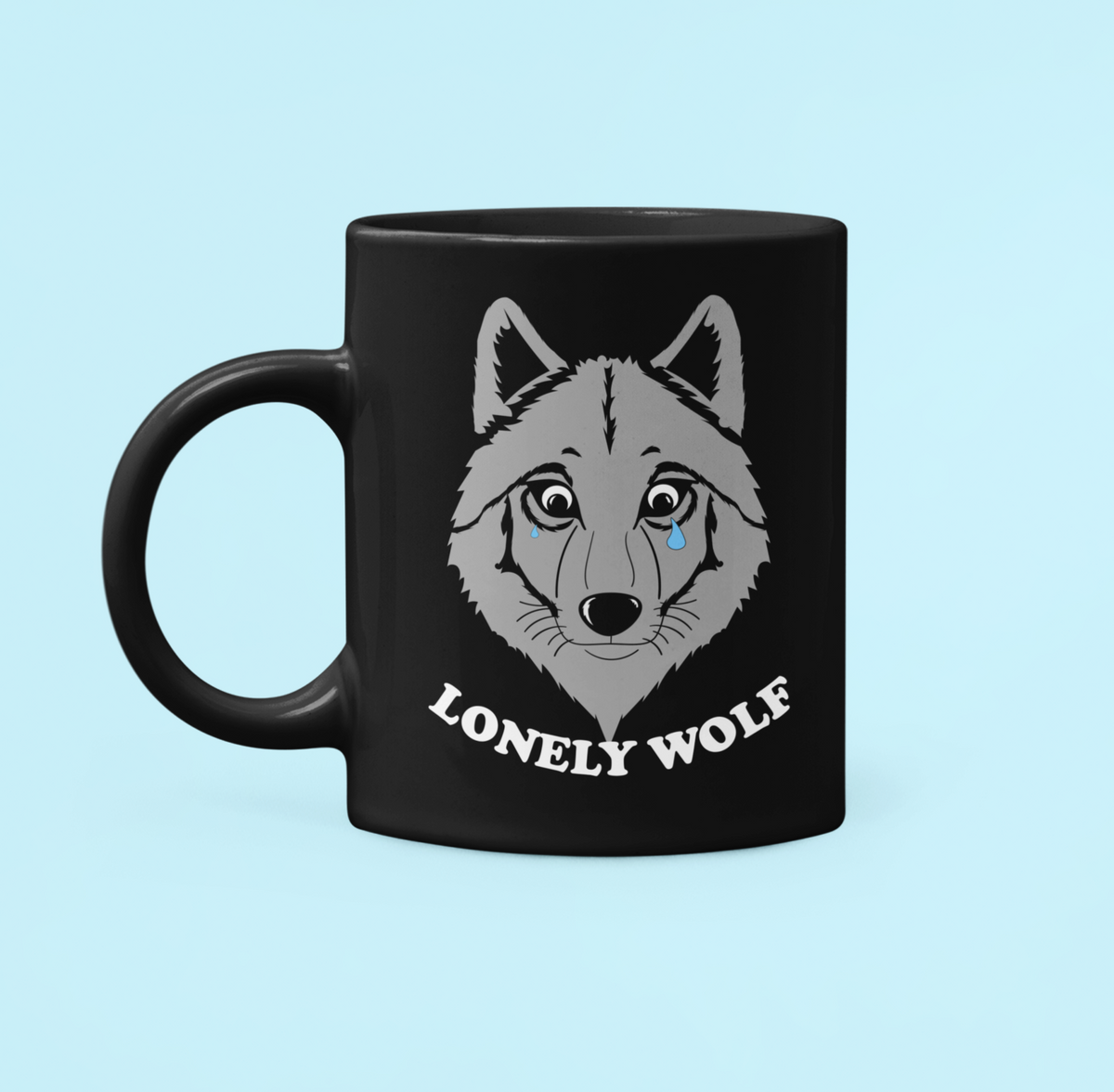 Black mug with a crying wolf saying lonely wolf - HighCiti
