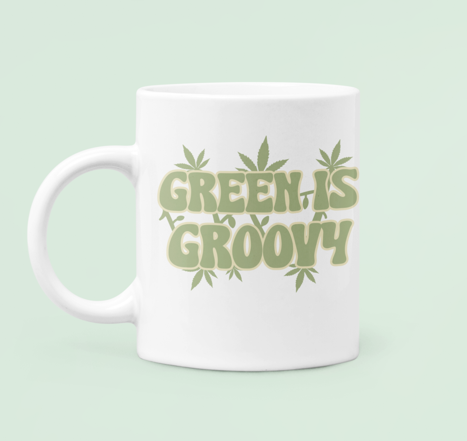 White mug with cannabis leaf saying green is groovy - HighCiti