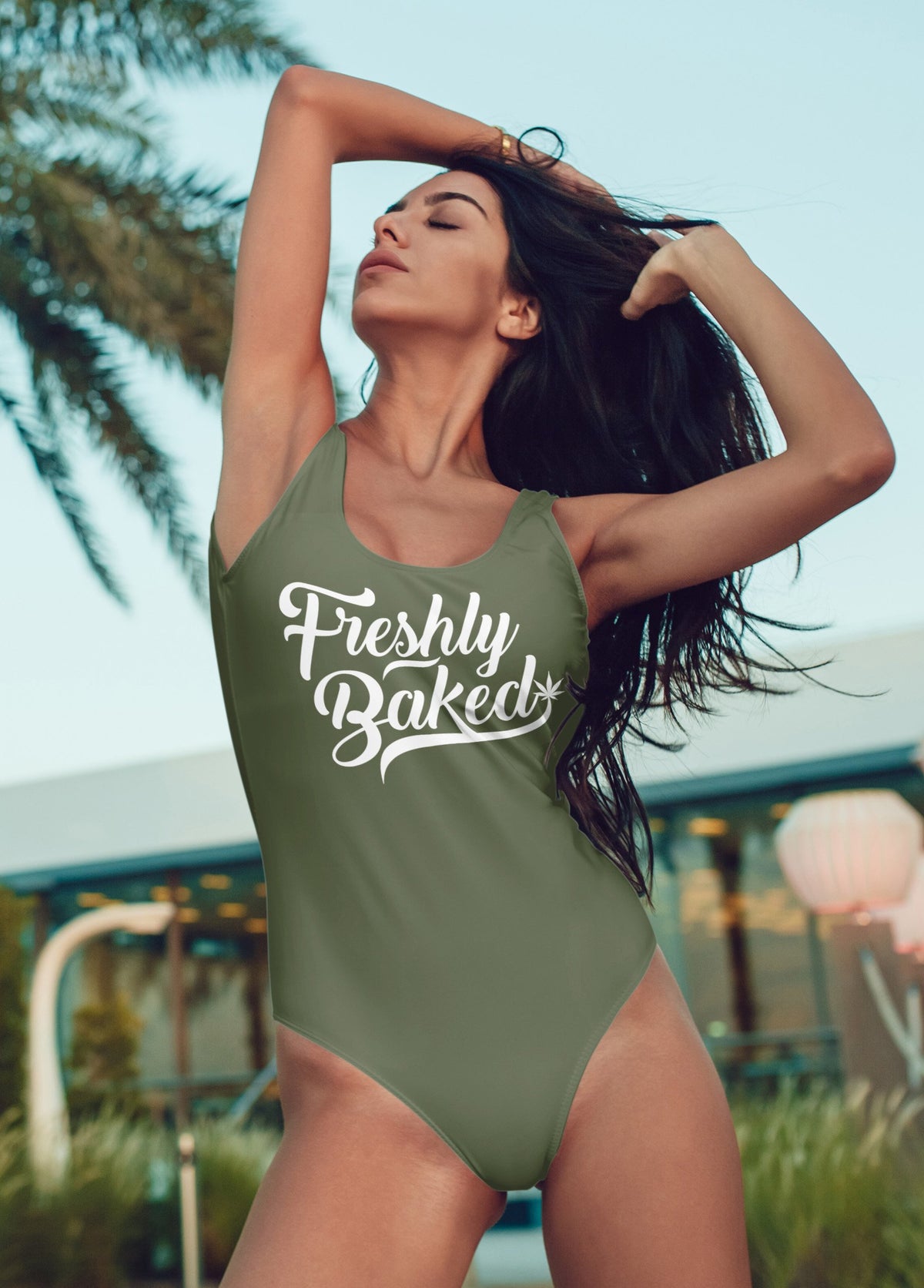 Olive swimsuit saying freshly baked - HighCiti