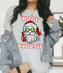 grey shirt with santa smoking a bong that says hippie holidaze - HighCiti