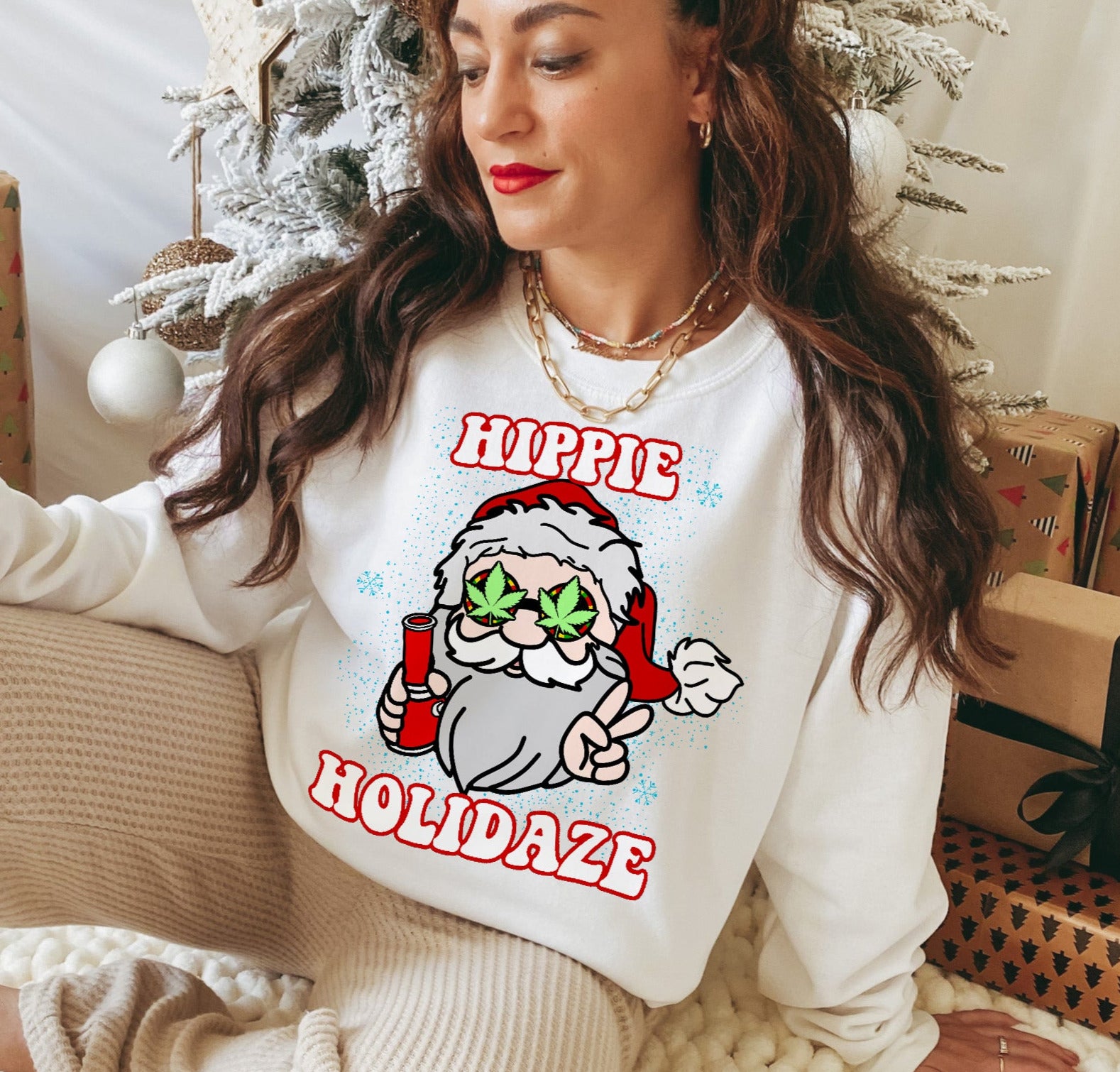 white sweatshirt with santa smoking a bong that says hippie holidaze - HighCiti