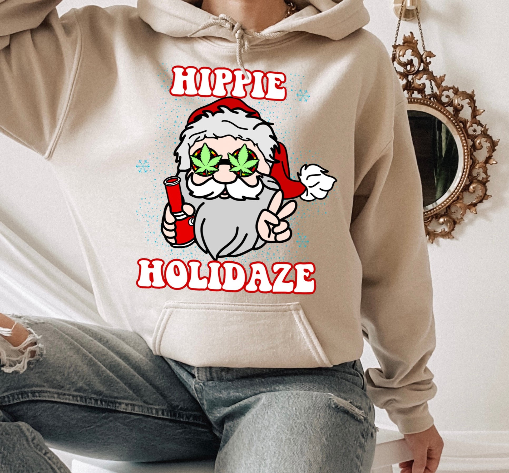 sand hoodie with santa smoking a bong that says hippie holidaze - HighCiti