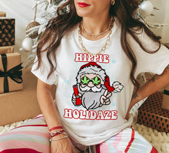 white shirt with santa smoking a bong that says hippie holidaze - HighCiti