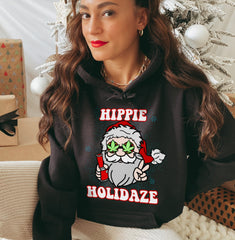 Black hoodie with santa smoking a bong that says hippie holidaze - HighCiti